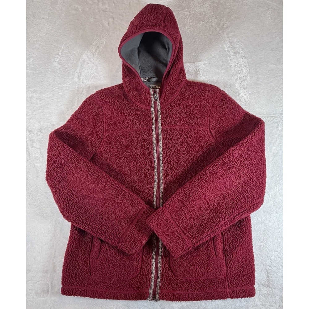 Vintage L.L. Bean Jacket Women's Sz M Brown Sherpa Red Fleece Full Zip Hooded‎